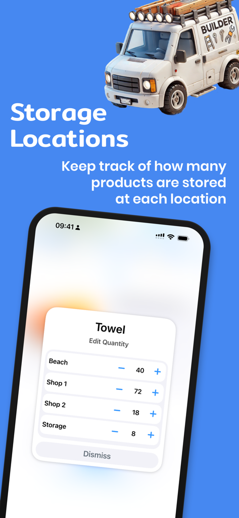 Stock Control app interface showing product quantity tracking across multiple storage locations on an iPhone