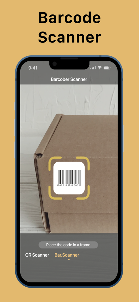 QR Bot app interface scanning a barcode on a cardboard box