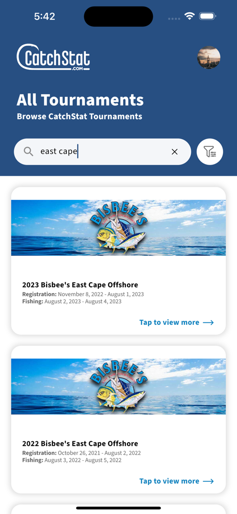 CatchStat - The CatchStat app tournament search screen displaying listings for the Bisbees East Cape Offshore fishing tournament.