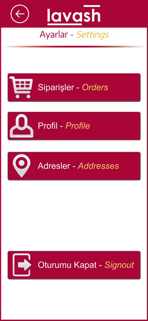 Settings screen of Lavash Mobile app showing menu options for orders, profile, and addresses.