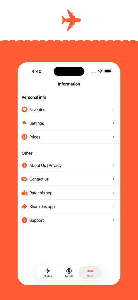 Einstellungs- und Informationsmenü der Günstige Flüge und Vuelos Baratos mobilen App