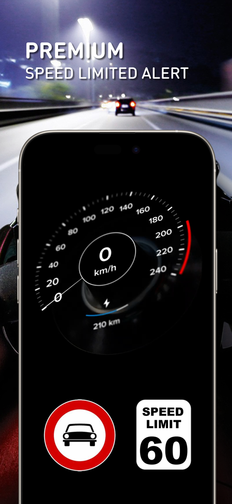 GPS Speedometer: HUD Odometer - Digital speedometer app displaying a premium speed limit alert feature on a smartphone