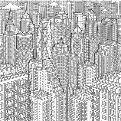 Embark on an intricate coloring journey through a dynamic cityscape dominated by magnificent residential skyscrapers. This detailed page offers a captivating challenge for urban enthusiasts and architectural admirers alike.