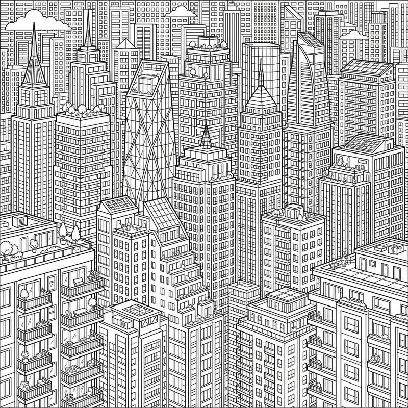 Embark on an intricate coloring journey through a dynamic cityscape dominated by magnificent residential skyscrapers. This detailed page offers a captivating challenge for urban enthusiasts and architectural admirers alike.