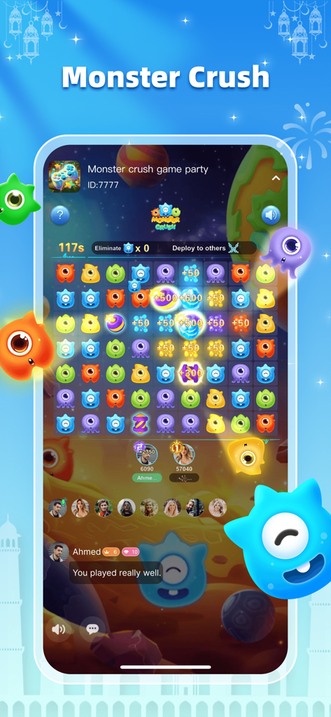Farah-Chat & Games & Family - Monster Crush puzzle game screen with social chat features in Farah app
