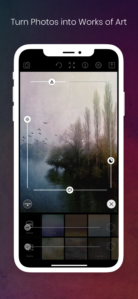 Distressed FX : Plus - Distressed FX Plus app interface displaying a landscape photo being edited with artistic filters and textures