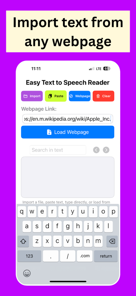 Easy Text to Speech Reader Pro - Interfaz de la aplicación Lector Fácil de Texto a Voz Pro que muestra la función para importar texto desde una URL de página web