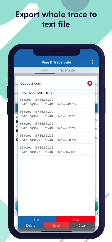 Ein Bildschirm der Ping and Trace Route App, der Netzwerkdiagnosen und eine Aufforderung zum Exportieren der Ergebnisse in eine Textdatei anzeigt.