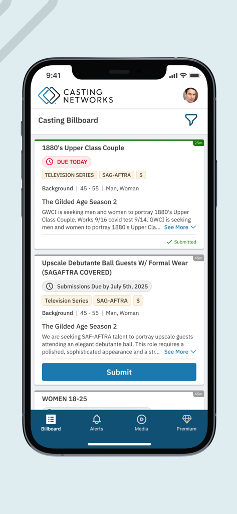 Casting Networks mobile app interface displaying the Casting Billboard with audition listings for performers.