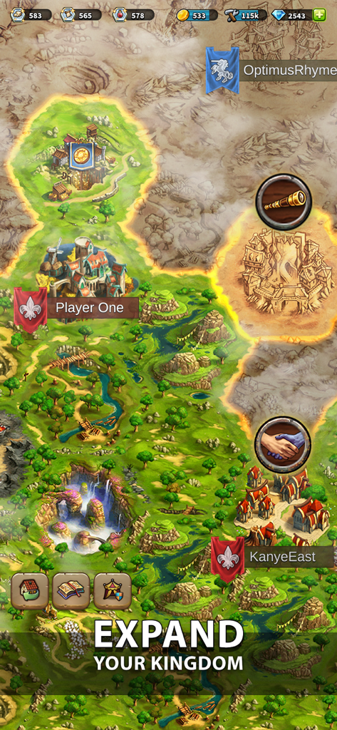 Mapa del mundo de Elvenar que muestra diferentes reinos de jugadores y zonas de exploración