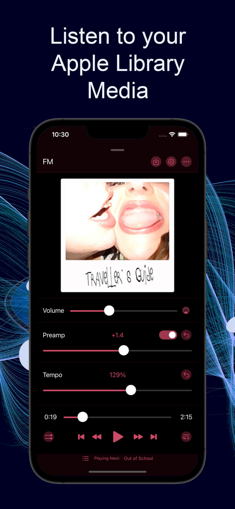 Interfaz de la aplicación Music Speed Changer mostrando la reproducción de medios de la Biblioteca de Apple con controles de tempo y preamplificador