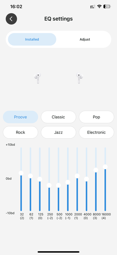 Proove - Proove app audio equalizer interface with preset modes and manual adjustment sliders
