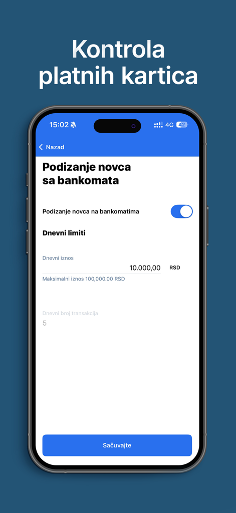 mBanking Erste Banka Srbija - Erste Banka Srbija mobile banking screen for setting daily ATM withdrawal limits and transaction numbers