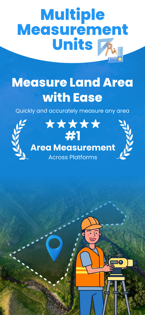 Um personagem profissional de agrimensor ilustrando a medição da área terrestre em um mapa de satélite