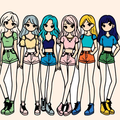 a group of girls wearing crop tops and shorts
