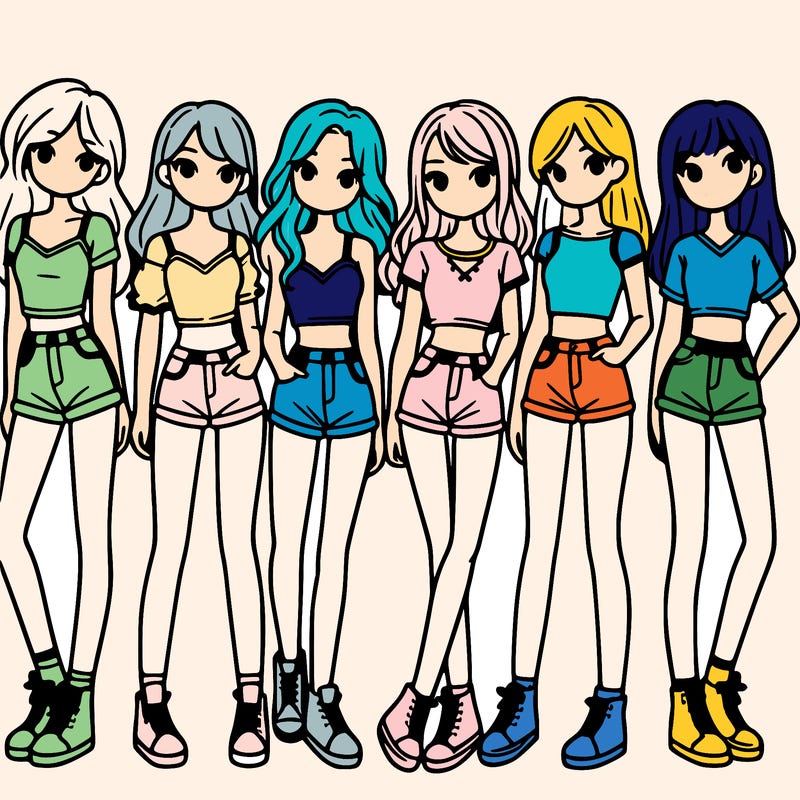 a group of girls wearing crop tops and shorts