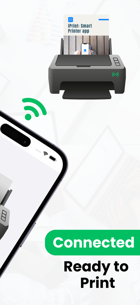 iPrint: Smart Printer App - Smartphone conectado de forma inalámbrica a una impresora usando la aplicación iPrint, mostrando el estado listo para imprimir
