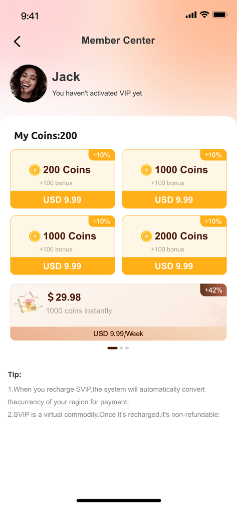 PlotNovel - PlotNovel Member Center screen showing various coin purchase options and weekly subscription plans