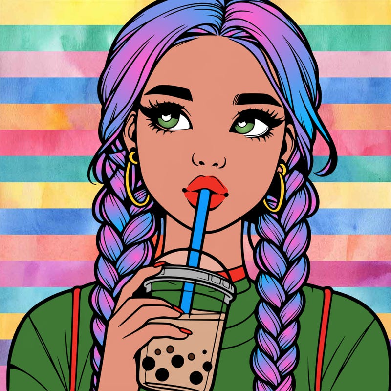realistic girl with braided hair drinking boba