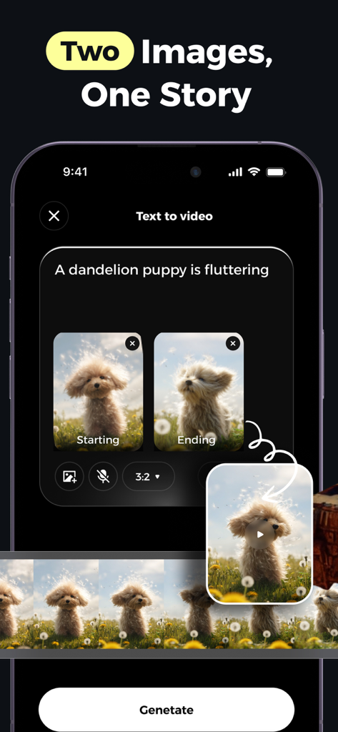 Pictory AI: Video Generator - Pictory AI mobile app interface showing the text to video feature with a dandelion puppy prompt
