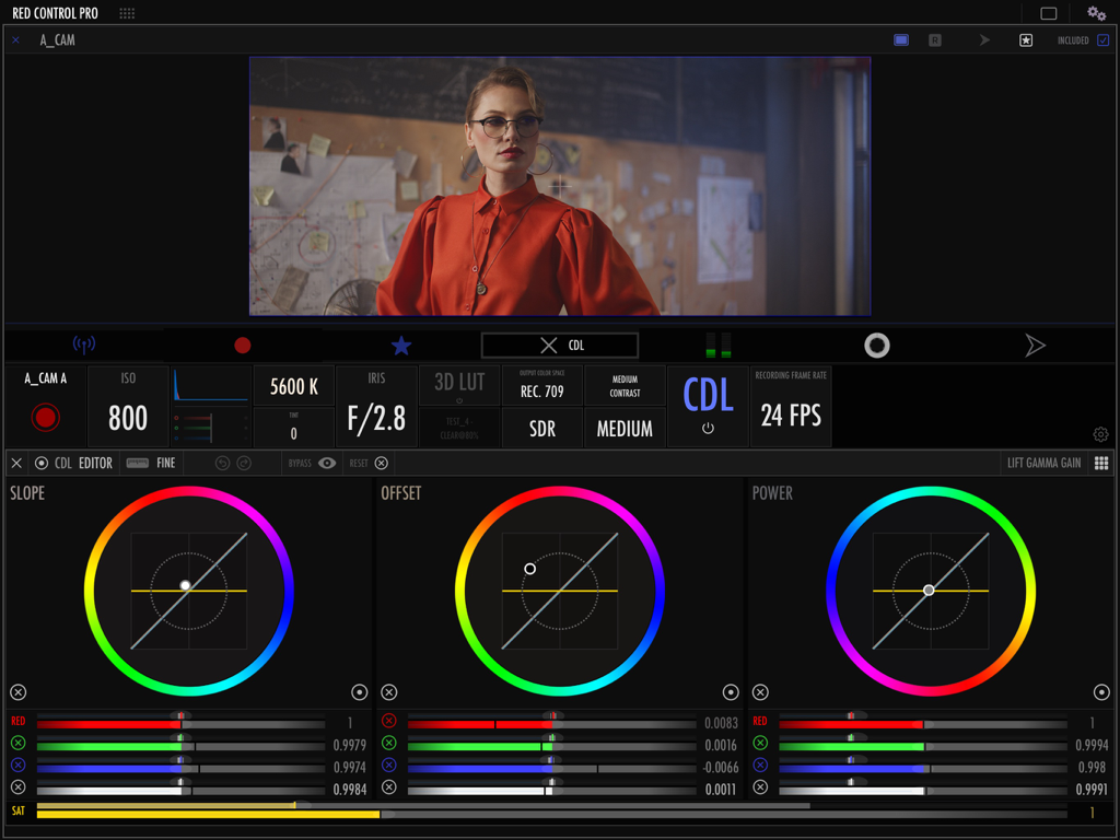 RED control pro - Professional interface of RED Control Pro showing CDL color wheels and camera settings