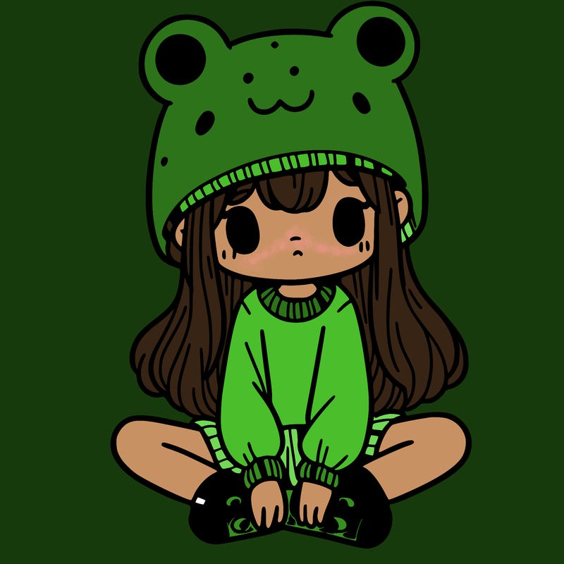 a girl wearing a frog hat and some frog socks