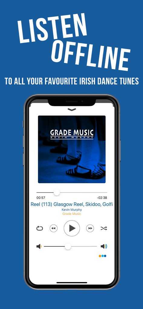 Beat App-Oberfläche, die Offline-Wiedergabe für Irish Dance-Melodien zeigt