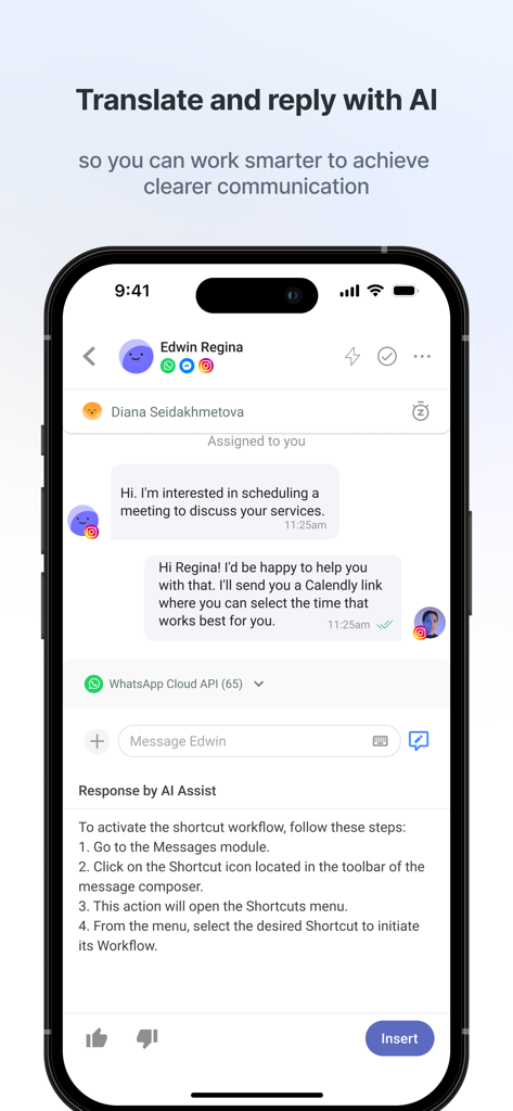 A mobile app interface showing the AI Assist feature of respond.io drafting a business response within a customer chat conversation.