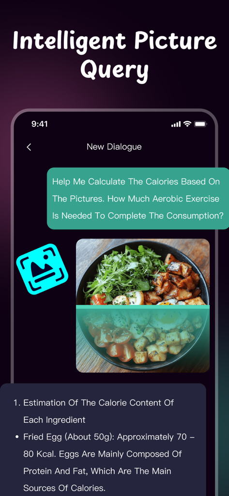 Chatbot AI Assistant, Image AI - Interfaz de la aplicación ChatOm AI que muestra el uso de la función 'Intelligent Picture Query' para calcular calorías a partir de una foto de una comida.
