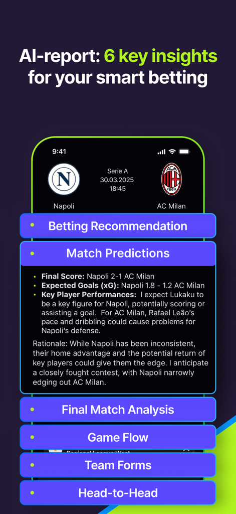 Football Predictions: AIdviser - Mobile app screen showing AI powered football match predictions and betting recommendations for smart sports wagering