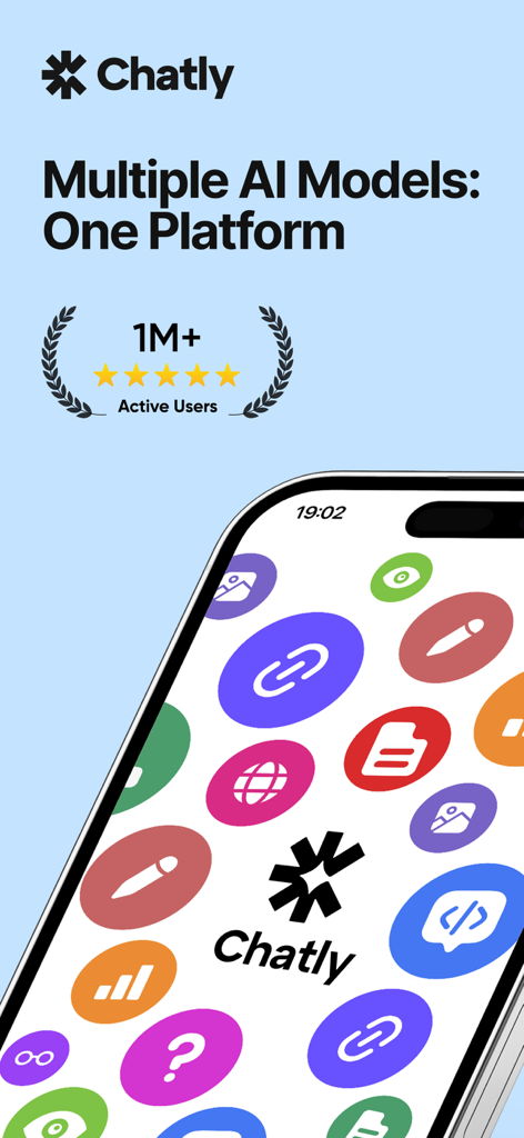 Écran promotionnel de l'application Chatly AI mettant en avant plusieurs modèles d'IA sur une seule plateforme avec un million d'utilisateurs actifs