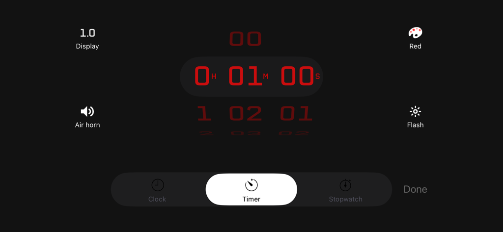 Countdown app settings screen with a red timer interface and options for air horn and flash effects