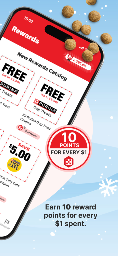 A screenshot of the myPurina app rewards catalog showing coupons for dog treats and cat litter with information about earning 10 points per dollar spent.