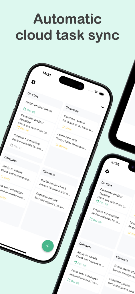 自動クラウドタスク同期を備えたアイゼンハワーマトリックスアプリインターフェースを表示するスマートフォン