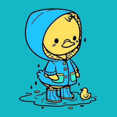 baby duck in a rain coat and boots, in a puddle while it’s raining