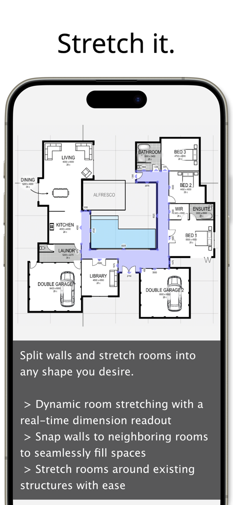Planit2d Lite - Planit2d Lite mobile app interface showing a detailed 2D house floor plan with dynamic room stretching features