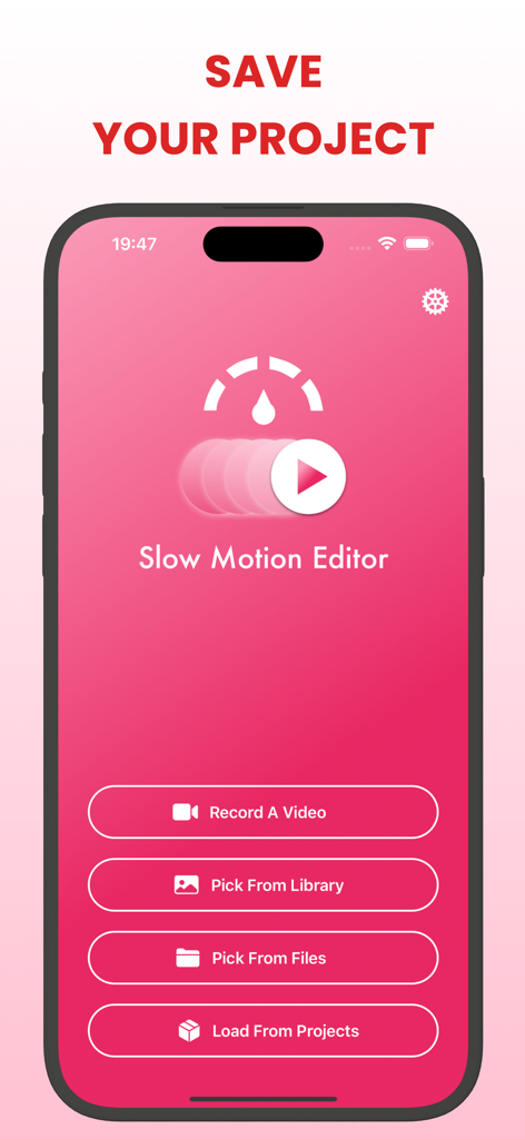 Slow Motion Video FX Editor ® - Main menu of the Slow Motion Video FX Editor app showing options to record a video or pick from library