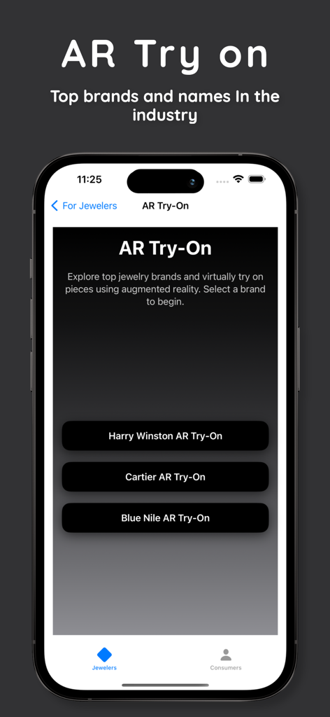 Gem Genius AI app screenshot showing the augmented reality try on feature for luxury jewelry brands