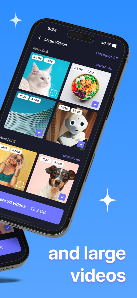 Interfaz de la aplicación One Cleaner mostrando archivos de video grandes seleccionados para eliminarlos y liberar espacio de almacenamiento