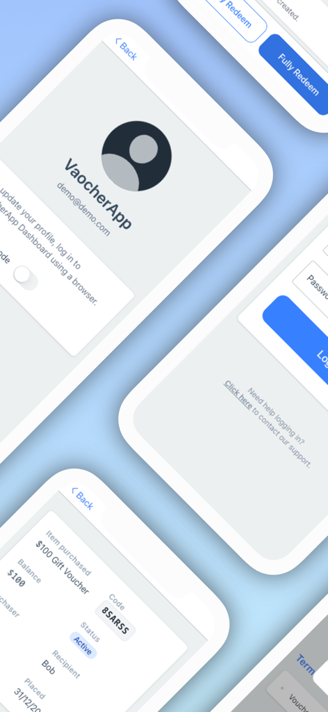 VaocherApp - Telas do aplicativo móvel VaocherApp mostrando rastreamento de vouchers digitais e login de conta