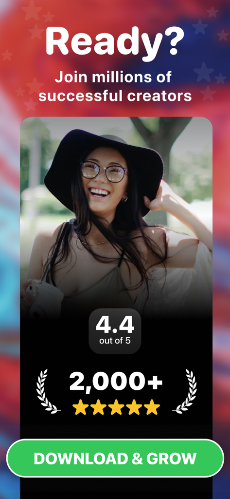 Followers Insight Widget - Pantalla promocional del Widget Followers Insight que muestra una calificación de 4.4 y una llamada a la acción para que los creadores descarguen y crezcan