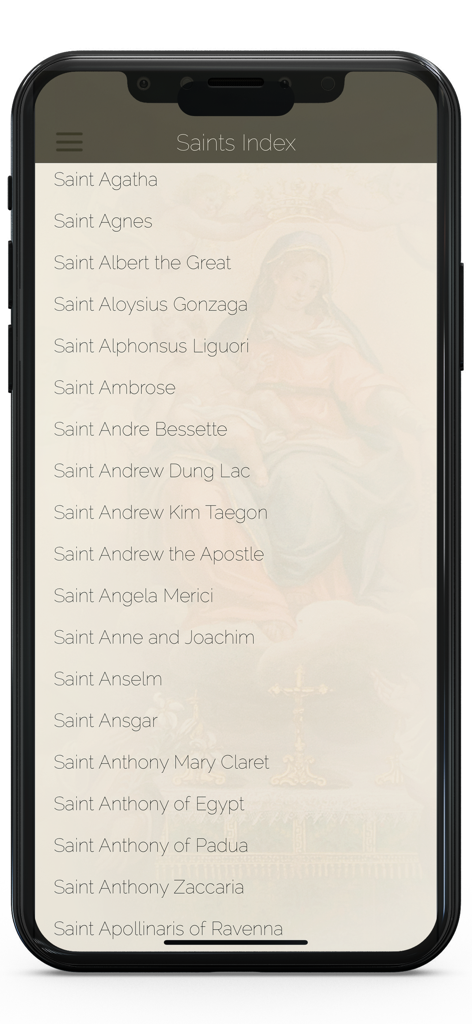 성스러운 예술 배경과 함께 성인 색인에 있는 가톨릭 성인들의 알파벳순 목록을 보여주는 PrayersPlus 앱.
