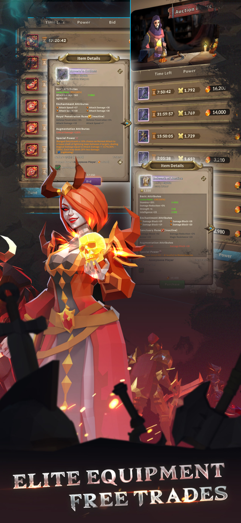 Eternal Ember - Eternal Ember auction house menu with character art and elite equipment trading options