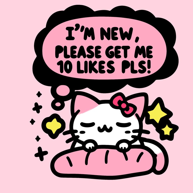 kitty taking a nap dream talking and saying "i'm new, please get me at least 10 likes pls!!"