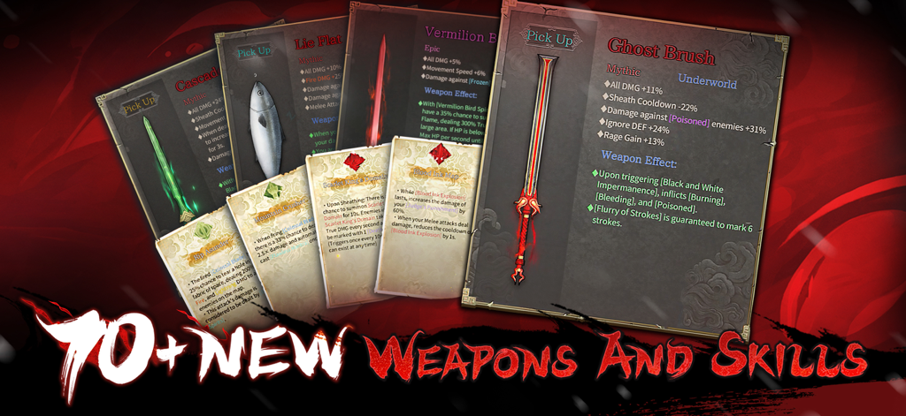 Warm Snow - Warm Snow Mobile Spielbildschirm zeigt über siebzig neue Waffen und Fähigkeiten mit detaillierten Ausweiskarten und mythischer Ausrüstung.