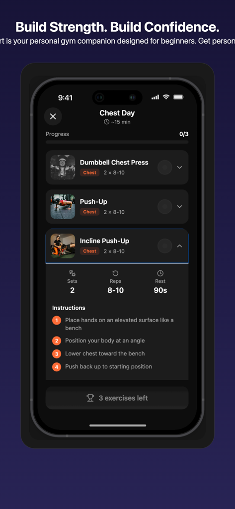 FitStart App - FitStart App interface displaying a chest day workout list and step-by-step instructions for an incline push-up.