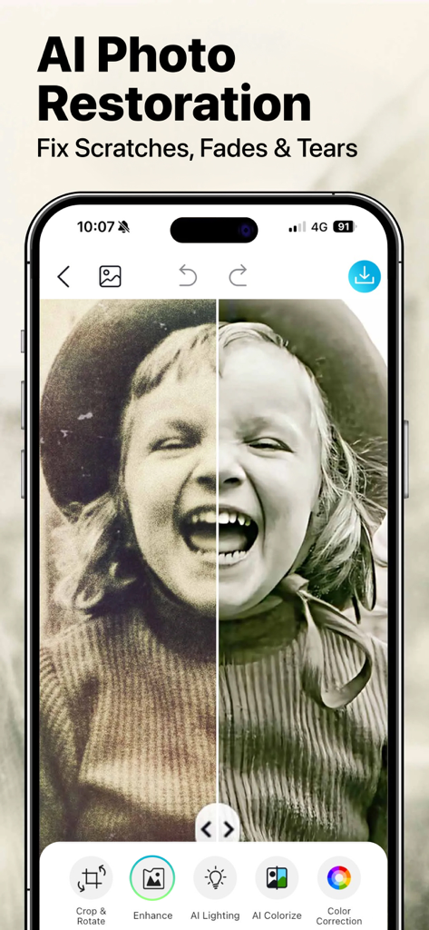 YouCam Enhance: Photo Enhancer - Schermata dell'app YouCam Enhance che mostra il ripristino di foto AI con un confronto prima e dopo di una foto d'epoca