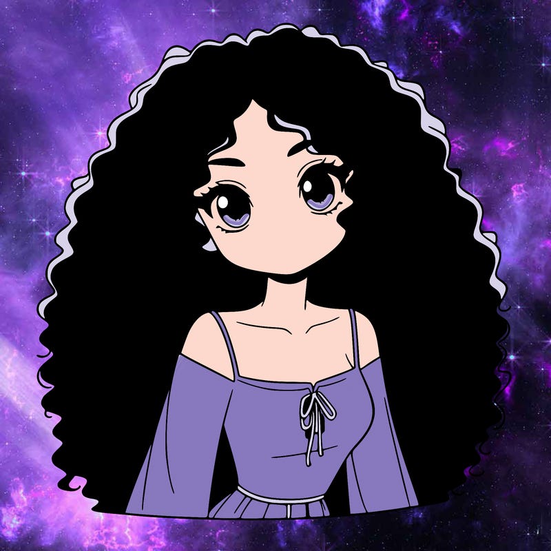 a black anime girl with long afro hair