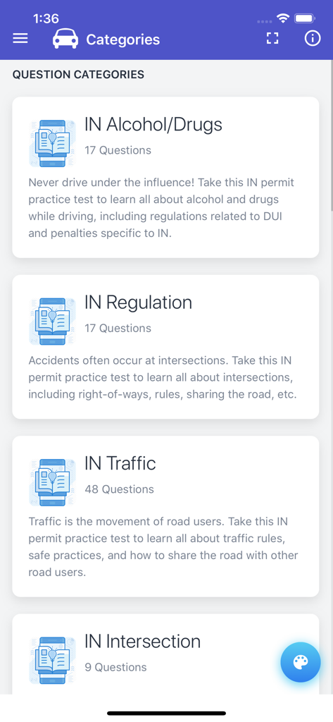 Indiana BMV Practice Exam - List of study categories in the Indiana BMV Practice Exam app including alcohol, regulations, and traffic.