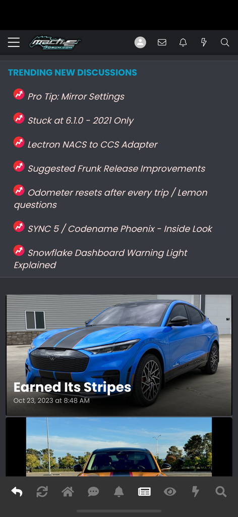 MachEforum - MachEforum mobile app home screen displaying trending discussions and a blue Ford Mustang Mach-E.